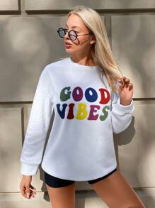 SHEIN PETITE Letter Graphic Drop Shoulder Sweatshirt - White - View 5