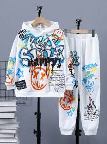 男大童卡通和標語圖案連帽衫和運動褲 - 白色 - 查看 1