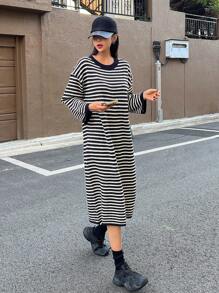 DAZY Mẫu sọc Thả vai Đầm Áo len - Màu be - Xem 6