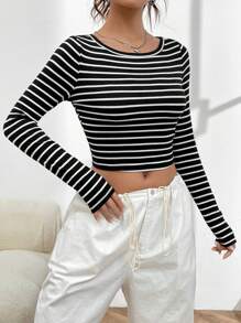 SHEIN EZwear 黑白條紋針織女士修身t恤