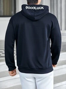GENTILAND Loose Fit Men's Letter Graphic Kangaroo Pocket Drawstring Hoodie - Navy Blue - View 2