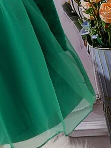 SHEIN Tween Girl Cold Shoulder Mesh Hem Belted Dress for Christmas - Green - View 4