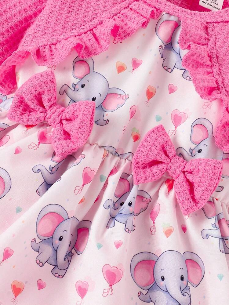 Baby Girl Heart & Elephant Print Ruffle Trim Bow Front Bodysuit Without Headband