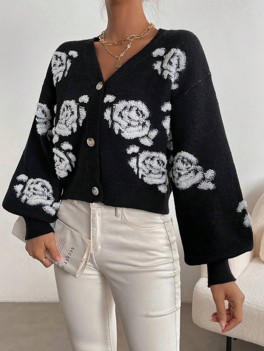 SHEIN Essnce Floral Pattern Drop Shoulder Cardigan - Black and White - View 1
