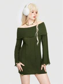 ROMWE Fairycore Ladies' Off-shoulder Distressed Sweater Dress