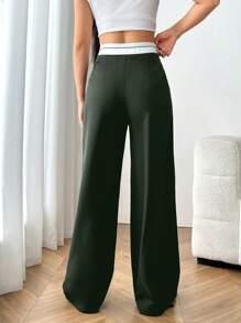 SHEIN EZwear Contrast Waist Wide Leg Suit Pants - Army Green - View 2