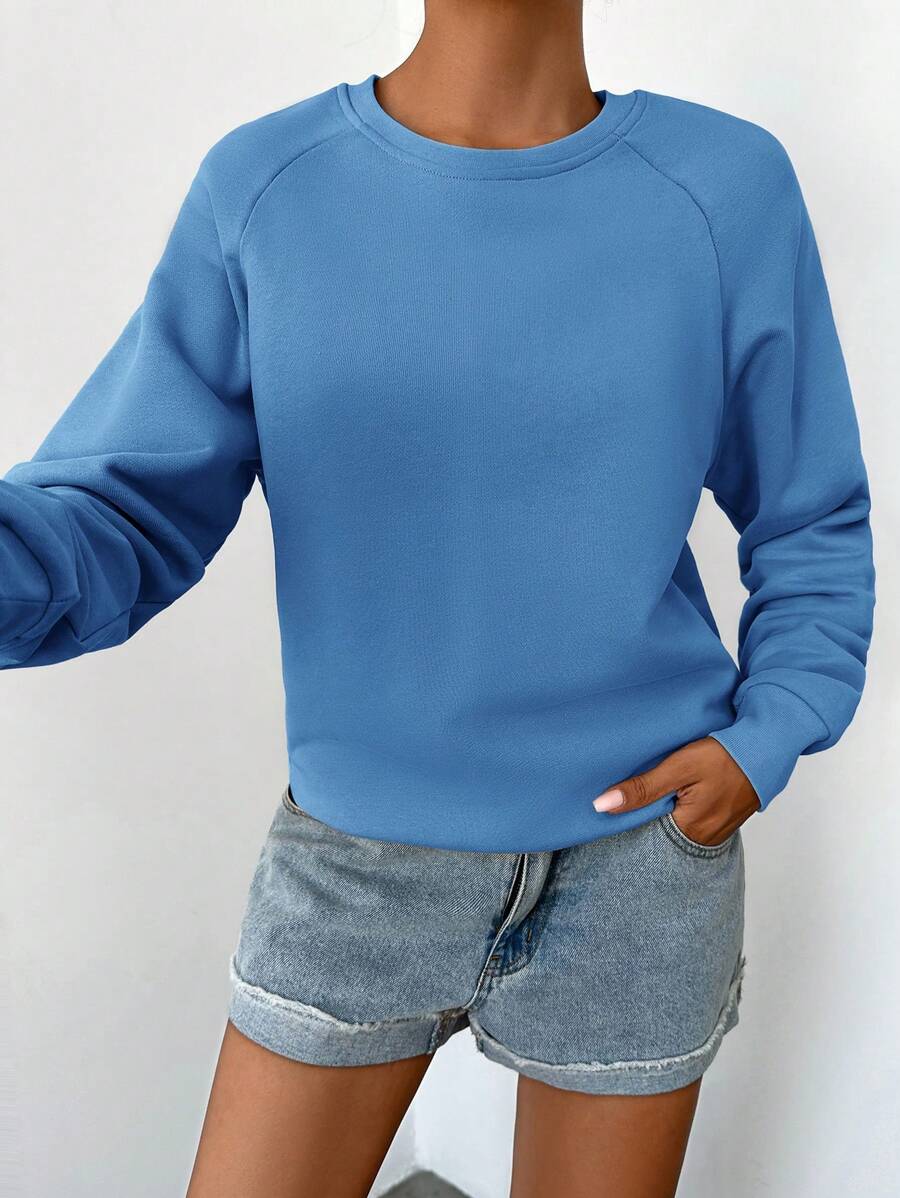 SHEIN Cottnline Solid Raglan Sleeve Sweatshirt - Blue - View 1