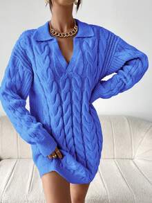 SHEIN Essnce Drop Shoulder Cable Knit Sweater Dress - Blue - View 5