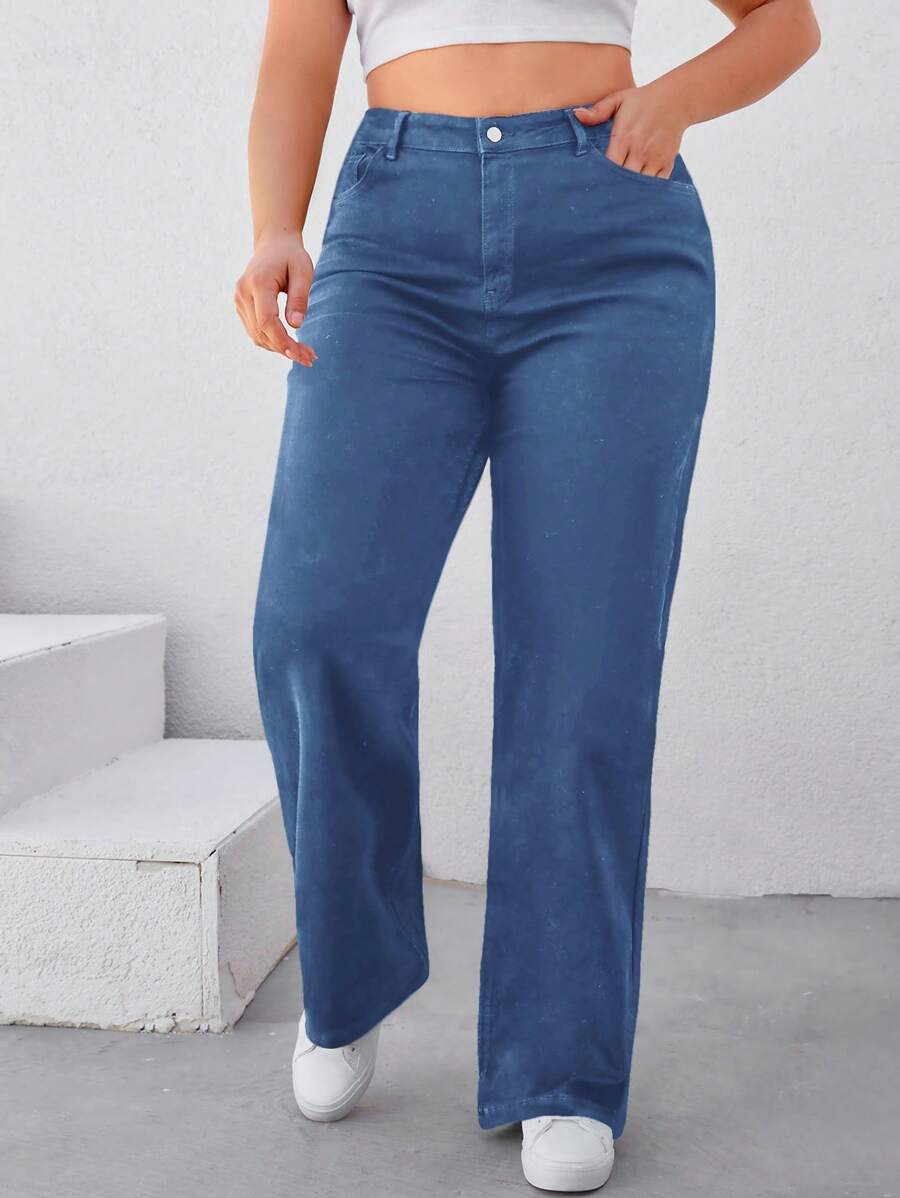 RueChic Plus Solid Straight Leg Jeans - Blue - View 1