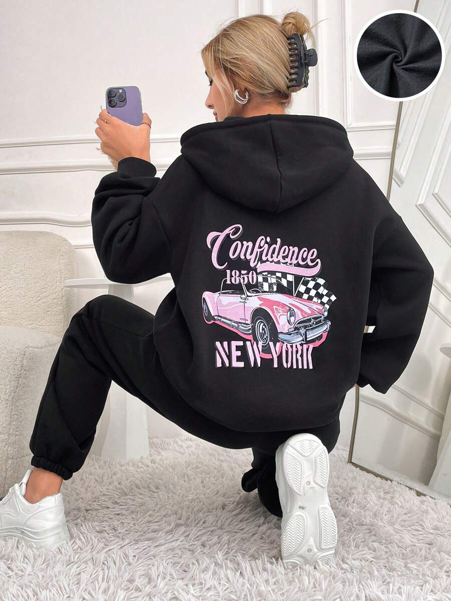 EURMUSE Car & Letter Graphic Drop Shoulder Hoodie & Sweatpants - Black - View 1