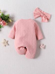 SHEIN 嬰兒女孩扭結花針織連體衣,家居服裝 - 粉色 - 查看 2