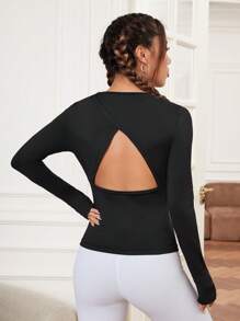 SHEIN Running Cut Out Back Thumb Holes Sports Tee - Black - View 1