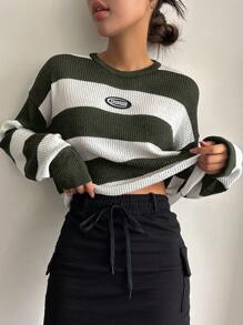 DAZY Hai âm Chi tiết Patched thư Thả vai Áo len - xanh quân đội - Xem 1