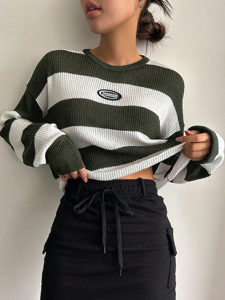 DAZY Hai âm Chi tiết Patched thư Thả vai Áo len - xanh quân đội - Xem 1