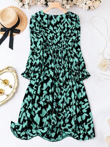 SHEIN Clasi Plus Allover Print Flounce Sleeve Belted Dress - Multicolor - View 2