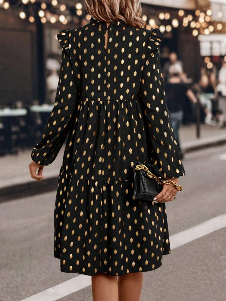 Gold Dot Print Ruffle Trim Lantern Sleeve Dress Fall Cloth For Women