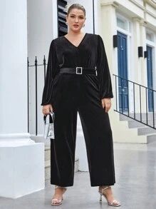 BizChic بدسويت بساق واسع بياقة V حزام مقاس كبير - الأسود - مشاهدة 6