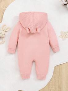 SHEIN 女嬰3D耳朵設計連帽毛絨襯裡針織連身褲