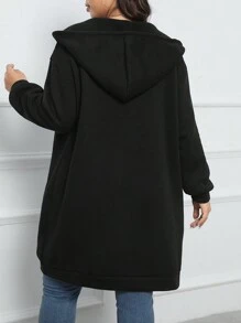 SHEIN EZwear Plus Size Zip Up Drop Shoulder Drawstring Sweatshirt Graduation,Back To School,Graduation,Teacher For Women,Back To School Pullover Fall Sweatshirt - Black - View 2