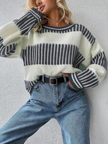 EURMUSE Striped Pattern Drop Shoulder Sweater - Dark Grey - View 4