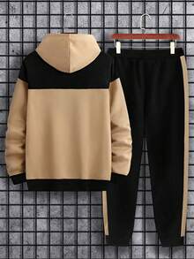 Manfinity Homme Men's Letter Printed Drawstring Hoodie And Sweatpants Set, Color Block Style - Khaki - View 2