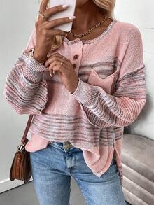 SHEIN Clasi Jersey con patrón de rayas de hombros caídos con parche de bolsillo con botón delantero - Multicolor - Ver 4