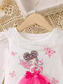 SHEIN Young Girl Figure Graphic Contrast Mesh Puff Sleeve Tee - White - View 4