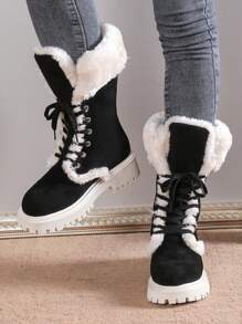 Autumn Winter Cross-Border Plus Size Fluffy Warm Thick Sole Mid-Calf Boots, European American Fashion Round Toe Lace-Up Snow Boots For Women,Fur Boots - Black - View 2