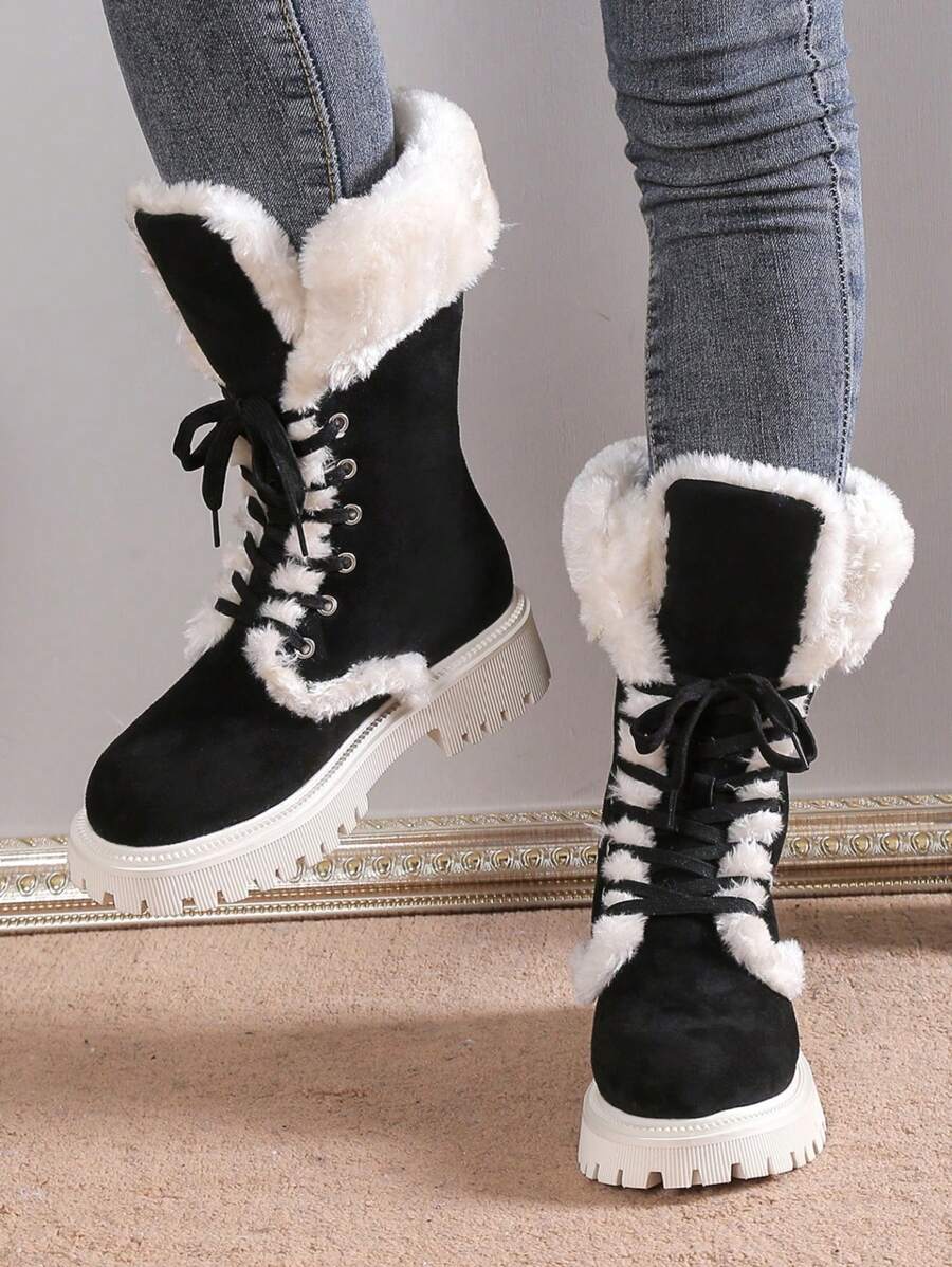 Women's Snow Boots,Women's midtube boots plush warm long boots laceup