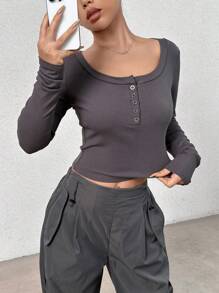SHEIN EZwear Halve knop Crop T-shirt & Taille met trekkoord Broeken