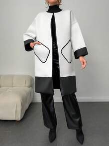 EURMUSE 女士羽絨褸,顏色拼塊,下擺式設計,雙口袋 - 黑與白 - 查看 5