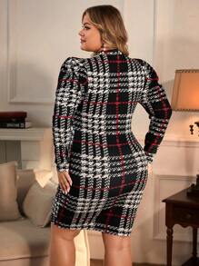 SHEIN Clasi Plus Size Plaid Puff Sleeve Dress - Black and White - View 2