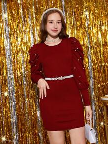 Teenager Mädchen Figurbetontes Kleid mit Perle Keulenärmeln, ohne Gürtel