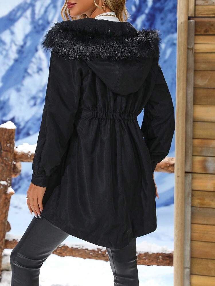 Flap Pocket Drawstring Waist Fuzzy Trim Hooded Parka Padded Coat Clothes Winter Fall Cloth For Women