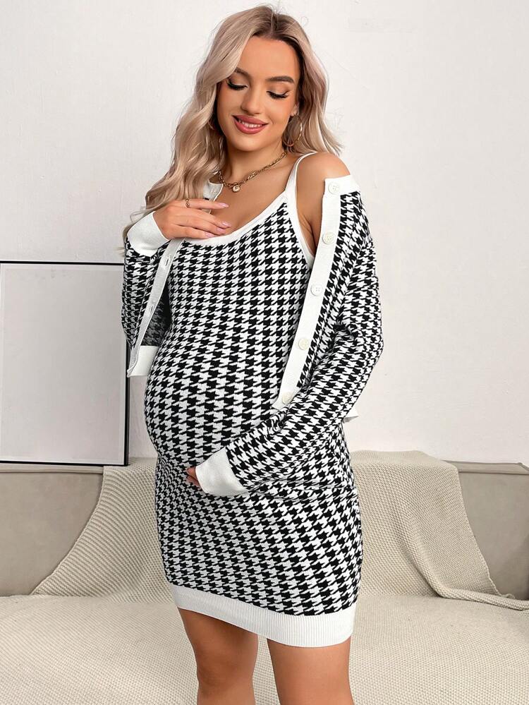 Maternity Houndstooth Print Cami Dress With Jacket, For Winter