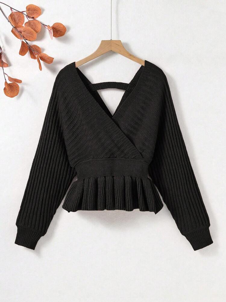 Teen Girl Surplice Neck Cut Out Back Batwing Sleeve Ruffle Hem Sweater