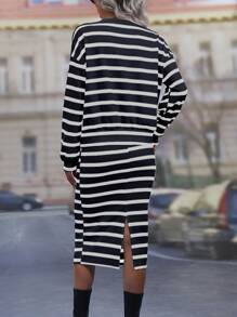 SHEIN LUNE Striped Print Drop Shoulder Tee & Split Hem Skirt - Black - View 2
