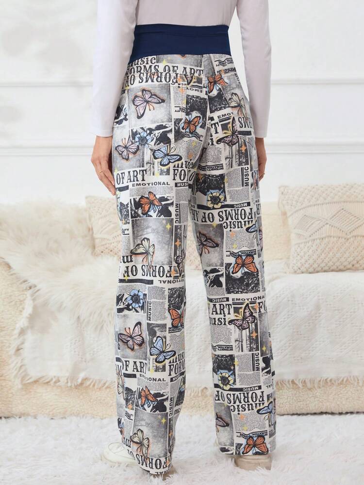 Maternity High Waist Denim Pants With Newspaper And Butterfly Print Jeans