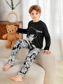 SHEIN 男童圓領卡通角色印花t恤和長褲家居服套裝 - 黑與白 - 查看 4