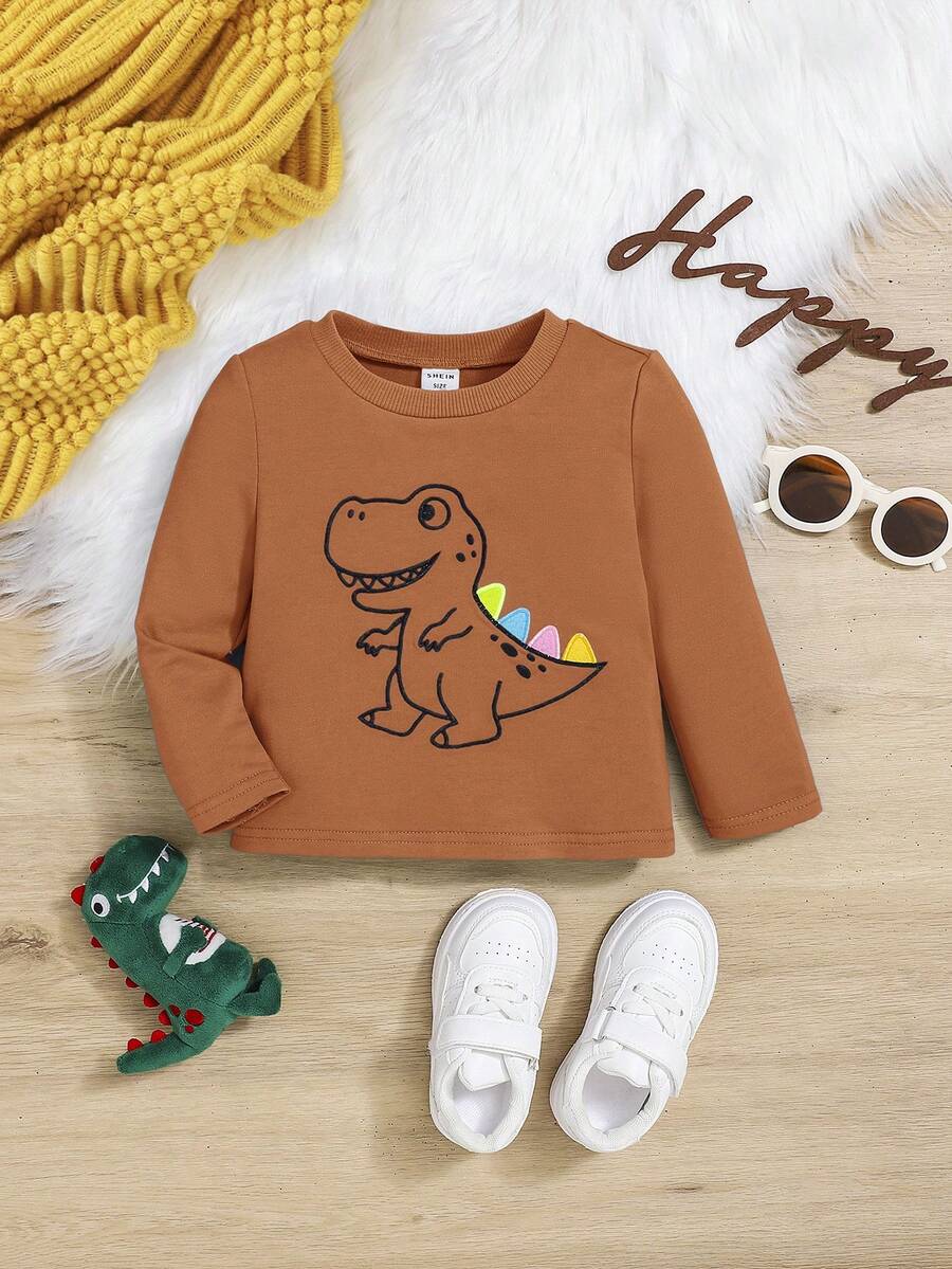 SHEIN Bebé niño Camiseta con bordado de dinosaurio - Óxido marrón - Ver 1