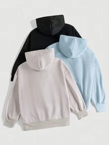 SHEIN EZwear 加大码 3 件套字母图案袋鼠口袋抽绳卫衣 - 彩色 - 查看 2