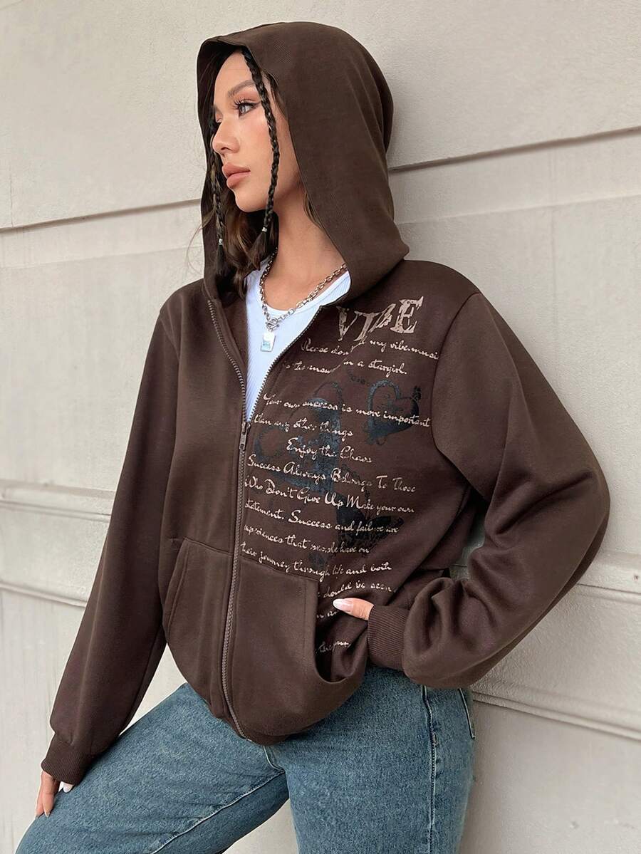 SHEIN EZwear Đồ họa Khẩu hiệu Áo Zip Up Hoodie - màu nâu - Xem 1