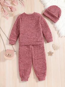 SHEIN Cô Gái Trẻ Chi tiết Patched thư Áo len & Quần nỉ & Mũ - Hồng - Xem 2