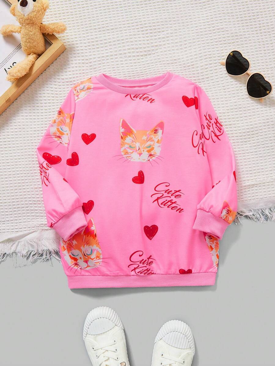 SHEIN Cô Gái Trẻ Hình ảnh mèo & Chữ cái Áo nỉ - Hồng - Xem 1