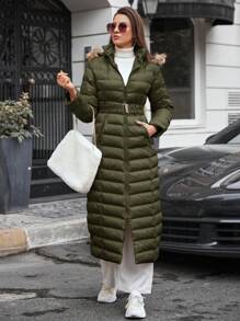 EURMUSE Side Pockets Zipped Hood Puffer Coat - Khaki - View 4