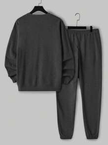 EURMUSE Men's Solid Color Letter Printed Two Piece Set - Dark Grey - View 2