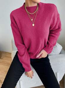 EURMUSE Round Neck Solid Color Drop Shoulder Casual Sweater - Pink - View 3