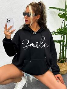SHEIN EZwear Plus Size Letter Graphic Kangaroo Pocket Drop Shoulder Drawstring Sweatshirt - Black - View 3