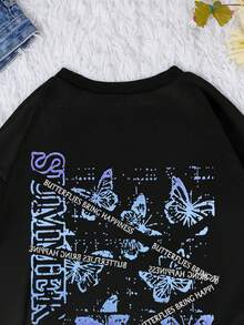 SHEIN EZwear Hoạt hình Bướm & Chữ cái Thả vai Áo nỉ - màu đen - Xem 5