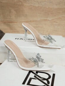 女士夏季蝴蝶结透明带高跟凉鞋，女士新款白色水晶细高跟鞋，优雅时尚厚底高跟穆勒鞋，橡胶外底万圣节服装鞋，折扣户外高跟凉鞋 - 白色 - 查看 4